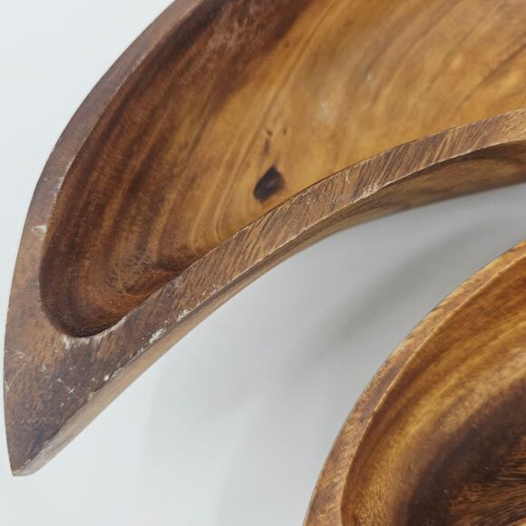 Set of 2 Vintage Genuine Monkey Pod Wood Hand Crafted Large Leaf Dish Bowls - Picture 7 of 9